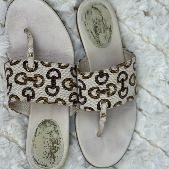 Gucci Horsebit Cream and Brown Sandals with Ornate Design Size 7 - Picture 8 of 9